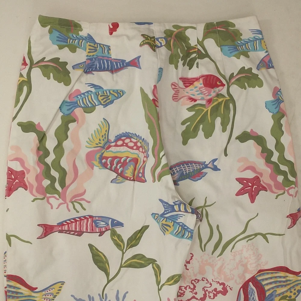 Tropical Fish in Coral Vintage 90s Cotton Pants Pastel On White w Stretch SeeMes - Picture 4 of 12